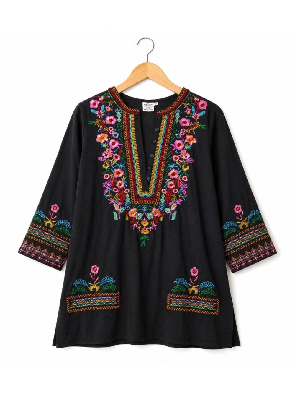 Boho Floral Embroidered Black Tunic Blouse Mini Dress Johnny Style Size Medium